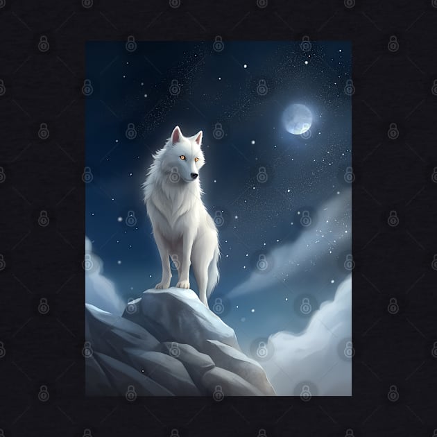 White Wolf Hunting Ground, Winter Mountain Icy Moon, Forest, Galaxy Beautiful gifts Novelty a Wolf portrait Watercolor by sofiartmedia